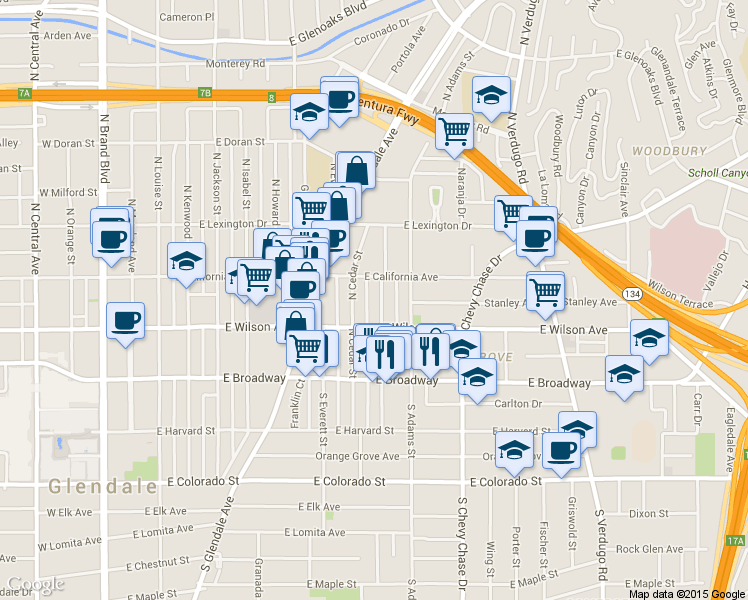 map of restaurants, bars, coffee shops, grocery stores, and more near 221 North Belmont Street in Glendale