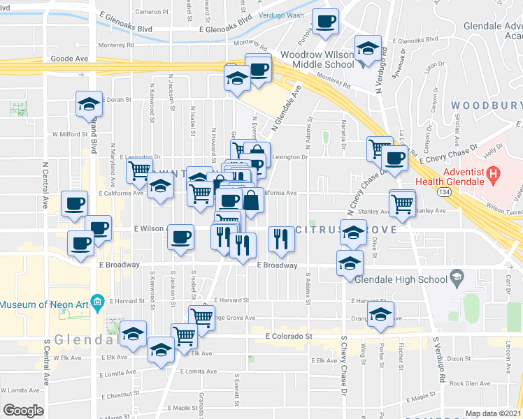 map of restaurants, bars, coffee shops, grocery stores, and more near 225 North Everett Street in Glendale