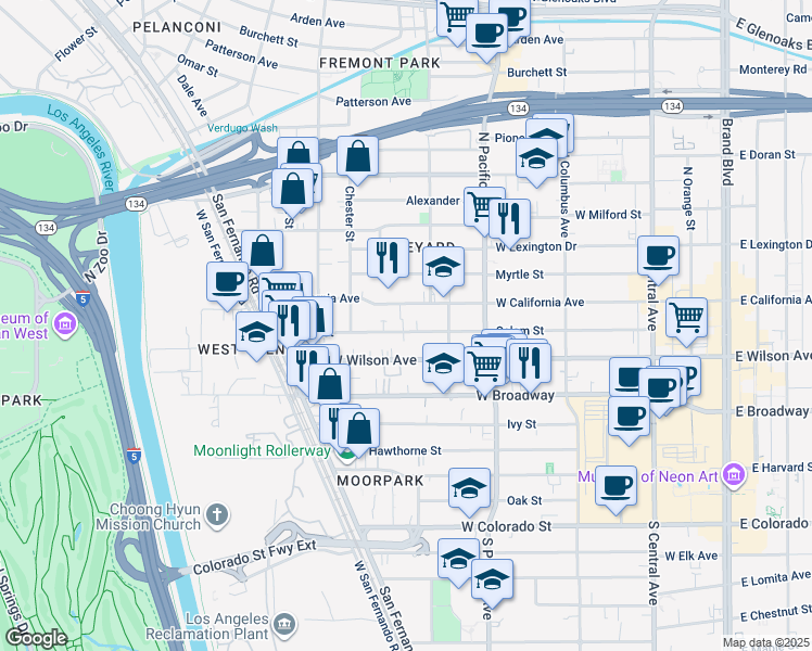 map of restaurants, bars, coffee shops, grocery stores, and more near 615 Salem Street in Glendale