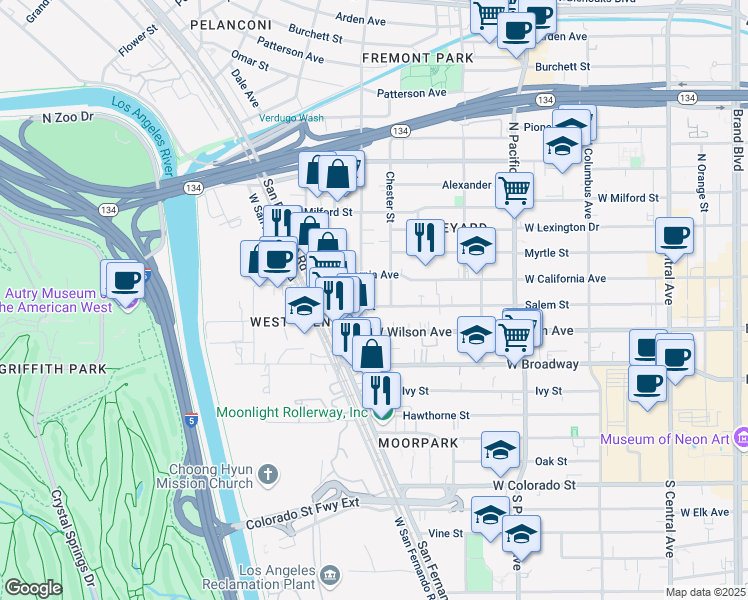 map of restaurants, bars, coffee shops, grocery stores, and more near 711 Salem Street in Glendale