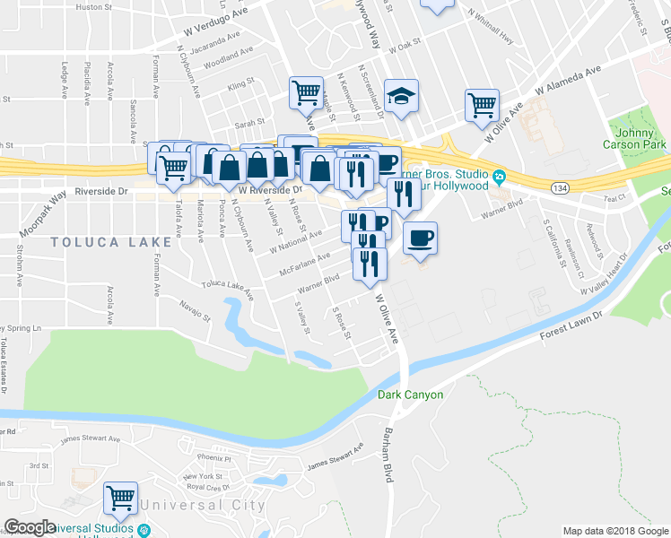 map of restaurants, bars, coffee shops, grocery stores, and more near 4129 Warner Boulevard in Burbank
