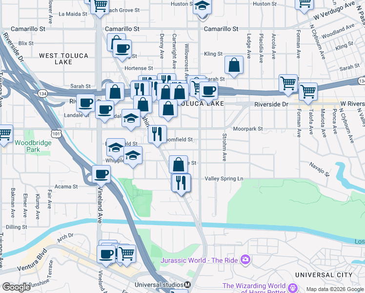 map of restaurants, bars, coffee shops, grocery stores, and more near 10657 Woodbridge Street in Los Angeles