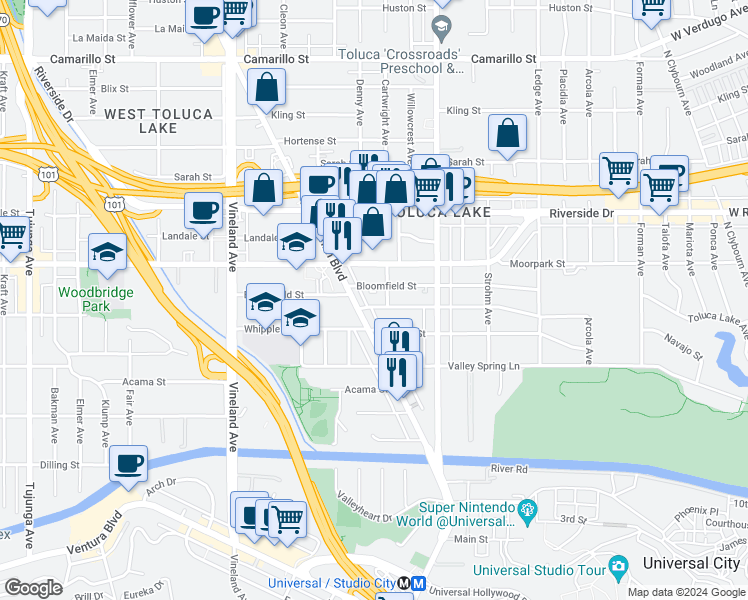 map of restaurants, bars, coffee shops, grocery stores, and more near 10657 Woodbridge Street in Los Angeles