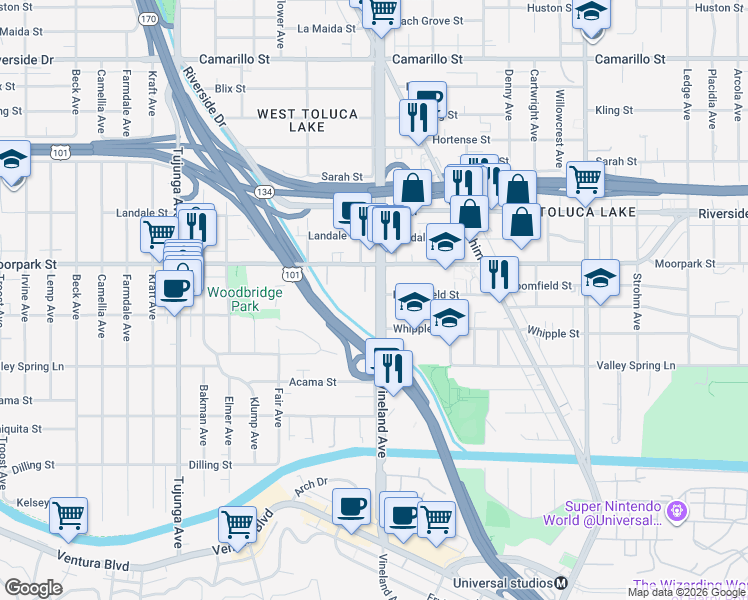 map of restaurants, bars, coffee shops, grocery stores, and more near 4335 Vineland Avenue in Los Angeles