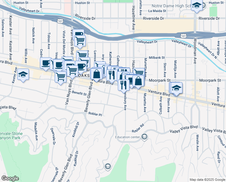 map of restaurants, bars, coffee shops, grocery stores, and more near 14225 Dickens Street in Los Angeles