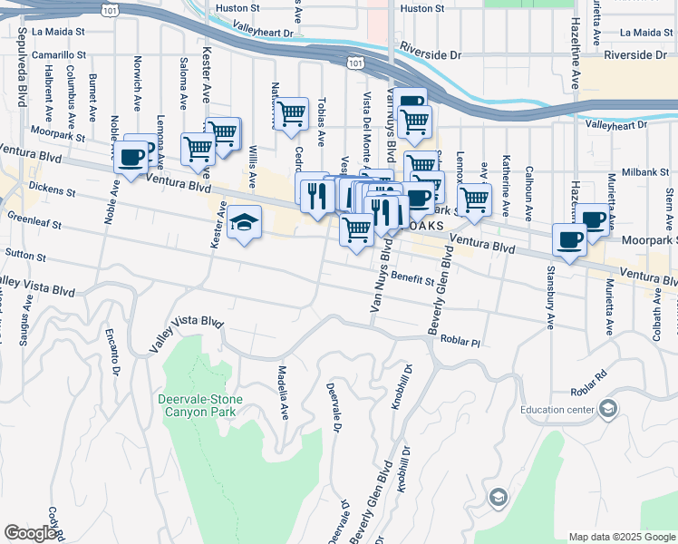 map of restaurants, bars, coffee shops, grocery stores, and more near 14530 Benefit Street in Los Angeles