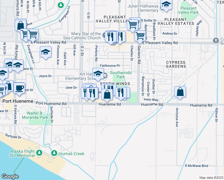 map of restaurants, bars, coffee shops, grocery stores, and more near 331 Cuesta Del Mar Drive in Oxnard