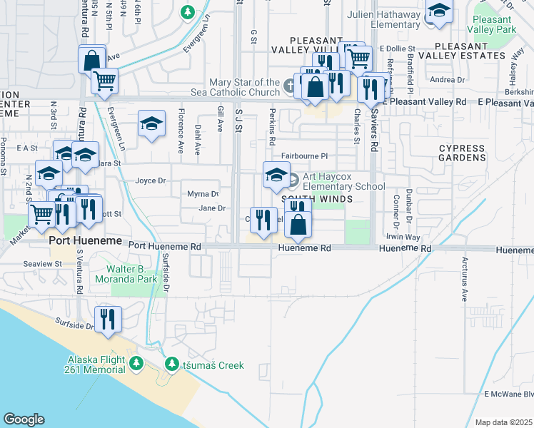 map of restaurants, bars, coffee shops, grocery stores, and more near 631 Cuesta Del Mar Drive in Oxnard