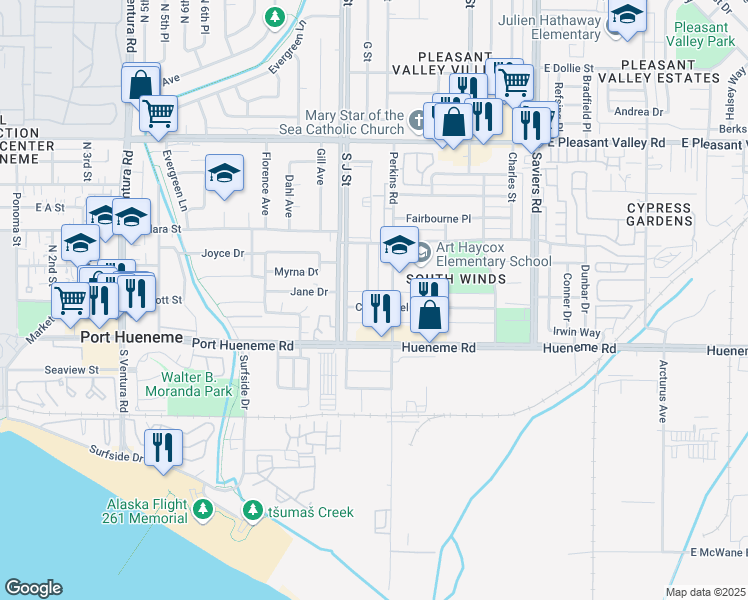map of restaurants, bars, coffee shops, grocery stores, and more near 631 Cuesta Del Mar Drive in Oxnard