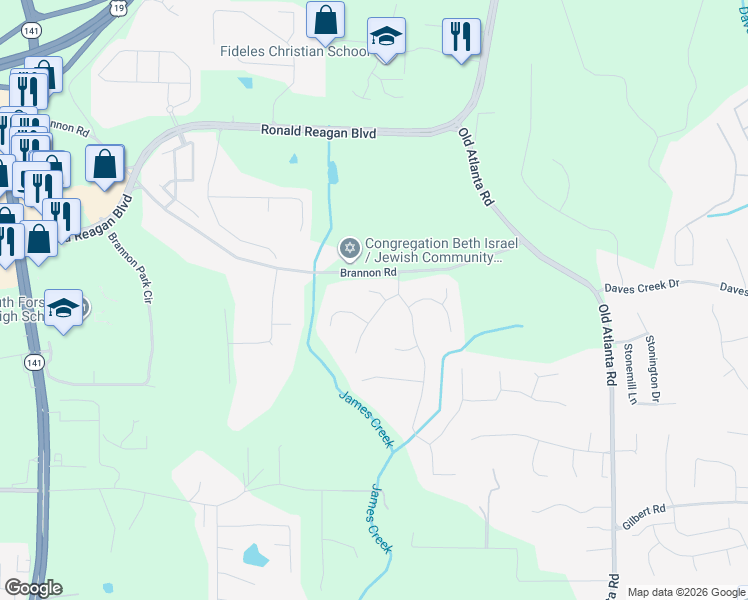 map of restaurants, bars, coffee shops, grocery stores, and more near 1120 Hickory Crest Lane in Cumming
