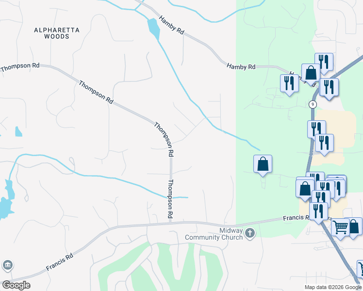 map of restaurants, bars, coffee shops, grocery stores, and more near 3305 Plantation Trce in Alpharetta