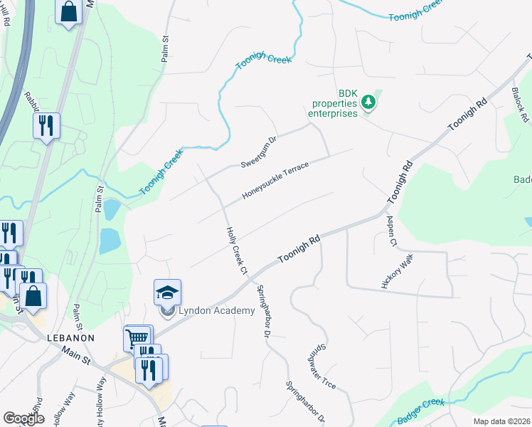 map of restaurants, bars, coffee shops, grocery stores, and more near 221 Holly Creek Way in Woodstock