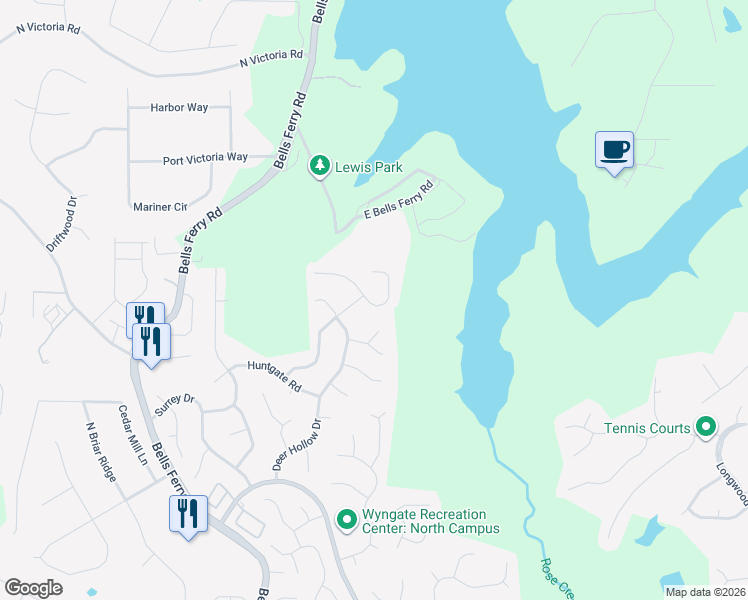 map of restaurants, bars, coffee shops, grocery stores, and more near 425 Sycamore Trail in Woodstock