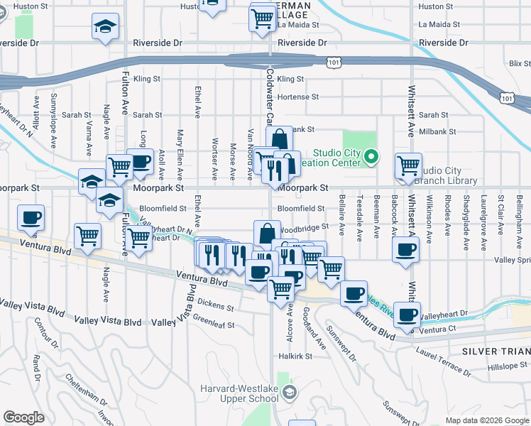 map of restaurants, bars, coffee shops, grocery stores, and more near 12908 Bloomfield Street in Los Angeles