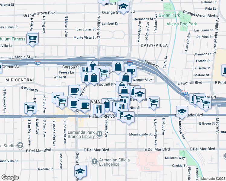 map of restaurants, bars, coffee shops, grocery stores, and more near 2597 Bersa Street in Pasadena