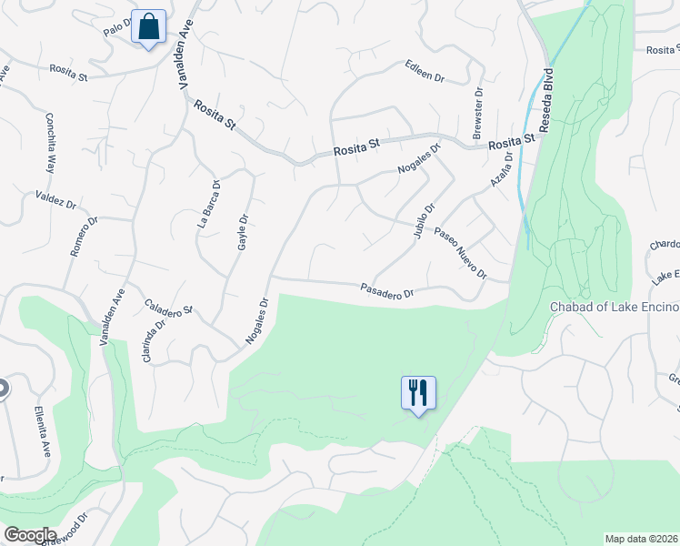 map of restaurants, bars, coffee shops, grocery stores, and more near 18875 Pasadero Drive in Los Angeles