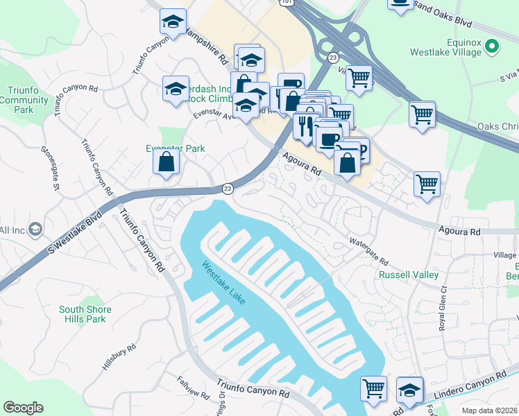map of restaurants, bars, coffee shops, grocery stores, and more near 2589 Northshore Lane in Westlake Village