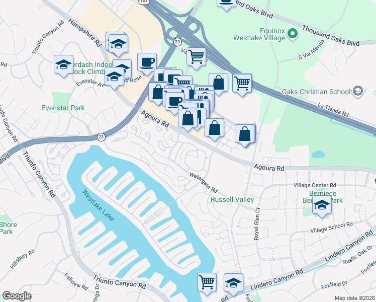 map of restaurants, bars, coffee shops, grocery stores, and more near 1298 Landsburn Circle in Westlake Village
