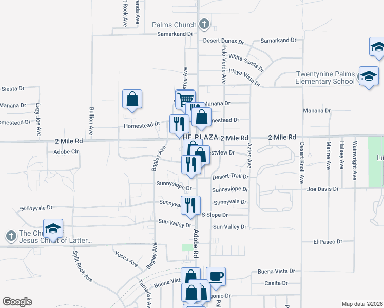 map of restaurants, bars, coffee shops, grocery stores, and more near 5758 Adobe Road in Twentynine Palms