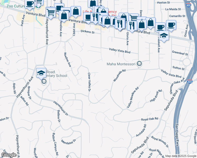 map of restaurants, bars, coffee shops, grocery stores, and more near 16105 Clear Oak Drive in Los Angeles