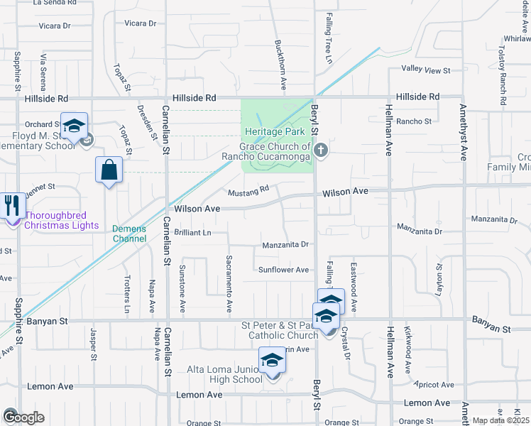 map of restaurants, bars, coffee shops, grocery stores, and more near 8959 Wilson Avenue in Rancho Cucamonga