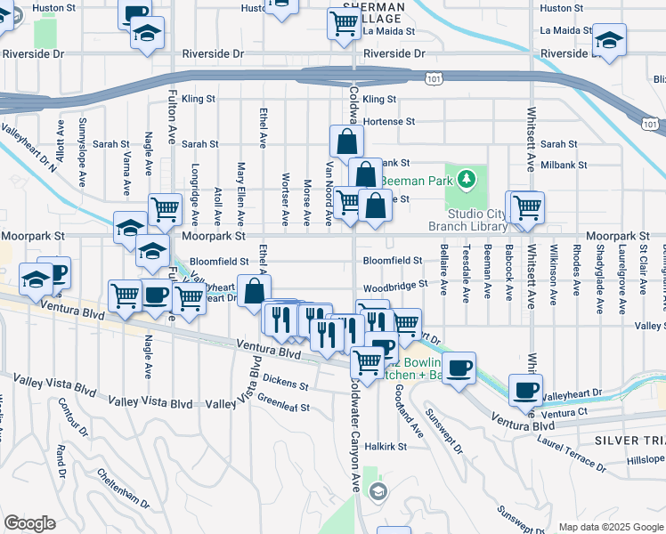 map of restaurants, bars, coffee shops, grocery stores, and more near 12928 Bloomfield Street in Los Angeles