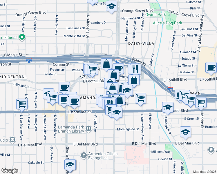 map of restaurants, bars, coffee shops, grocery stores, and more near 133 N San Gabriel Blvd in Pasadena