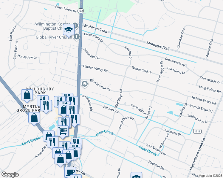 map of restaurants, bars, coffee shops, grocery stores, and more near 4815 Woods Edge Road in Wilmington