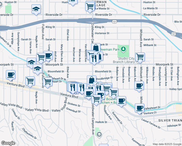 map of restaurants, bars, coffee shops, grocery stores, and more near 12908 Bloomfield Street in Los Angeles