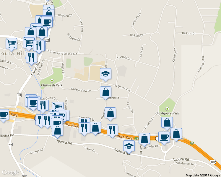 map of restaurants, bars, coffee shops, grocery stores, and more near 28518 West Driver Avenue in Agoura Hills