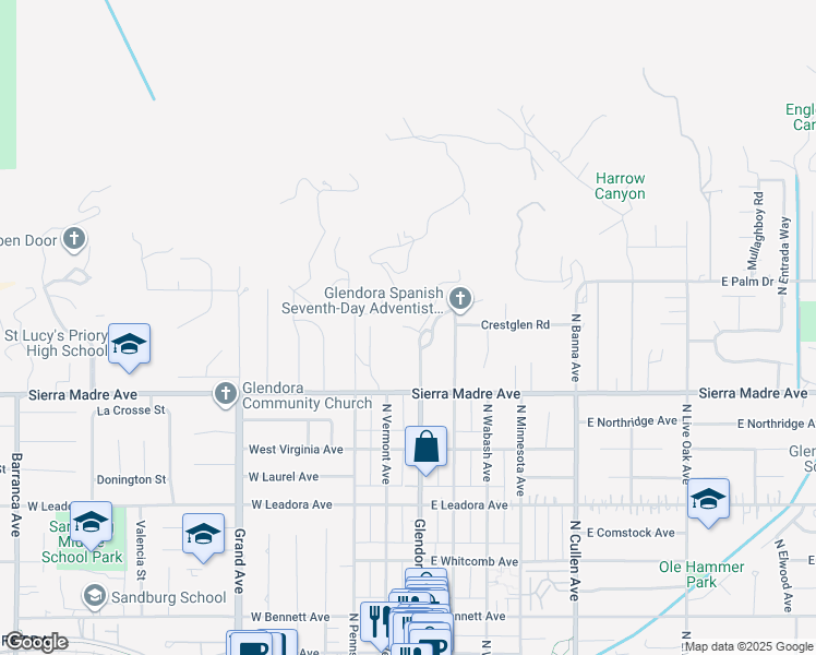 map of restaurants, bars, coffee shops, grocery stores, and more near in Glendora