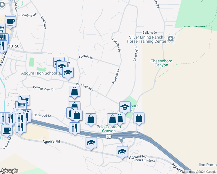 map of restaurants, bars, coffee shops, grocery stores, and more near 5439 Fairview Place in Agoura Hills