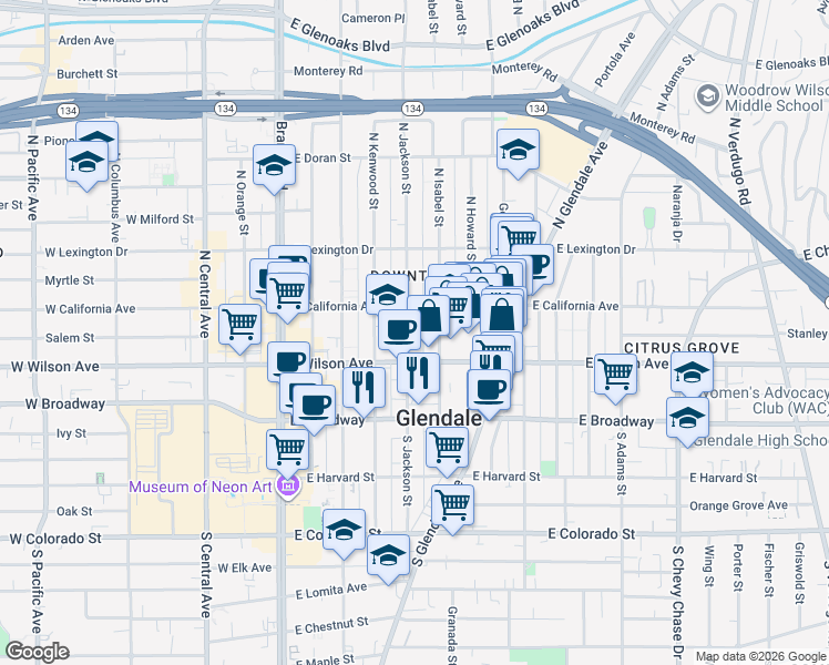 map of restaurants, bars, coffee shops, grocery stores, and more near 224 North Jackson Street in Glendale