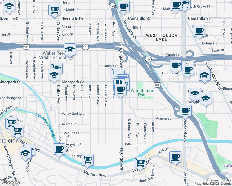 map of restaurants, bars, coffee shops, grocery stores, and more near 4360 Kraft Avenue in Los Angeles