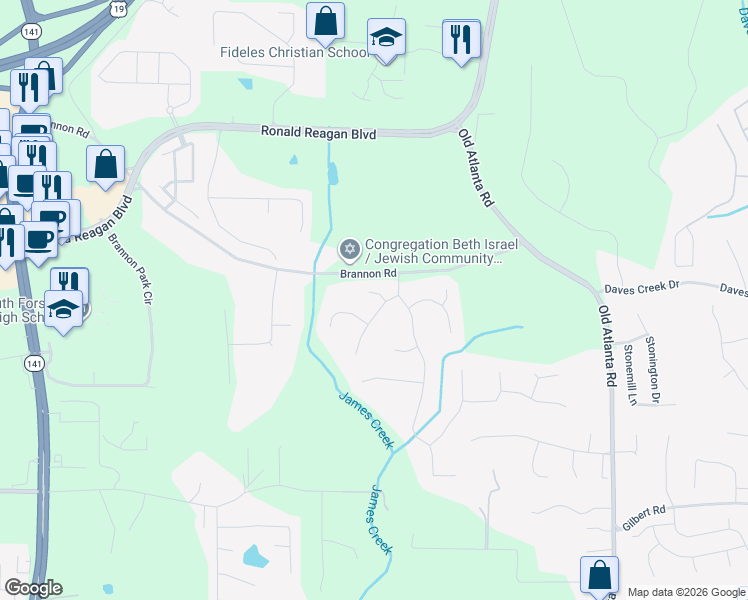 map of restaurants, bars, coffee shops, grocery stores, and more near 1120 Hickory Crest Lane in Cumming