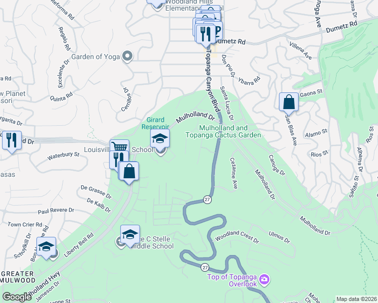 map of restaurants, bars, coffee shops, grocery stores, and more near 22232 Alizondo Drive in Los Angeles