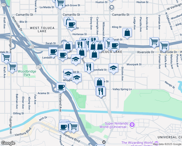 map of restaurants, bars, coffee shops, grocery stores, and more near 4838 Woodbridge Street in Los Angeles