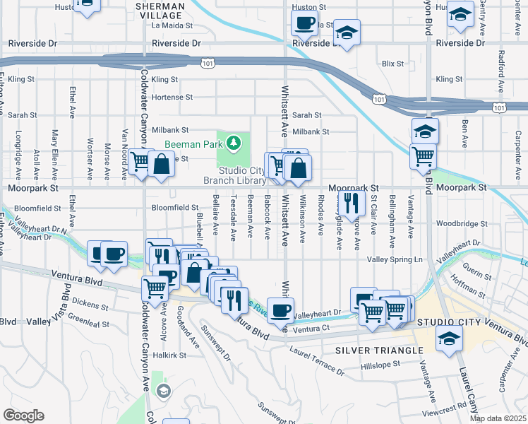 map of restaurants, bars, coffee shops, grocery stores, and more near 4317 Babcock Avenue in Los Angeles
