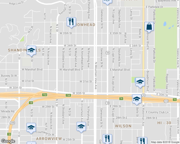 map of restaurants, bars, coffee shops, grocery stores, and more near 3179 North Pershing Avenue in San Bernardino