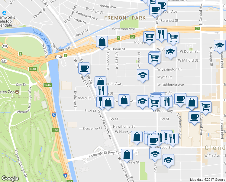map of restaurants, bars, coffee shops, grocery stores, and more near 711 Salem Street in Glendale