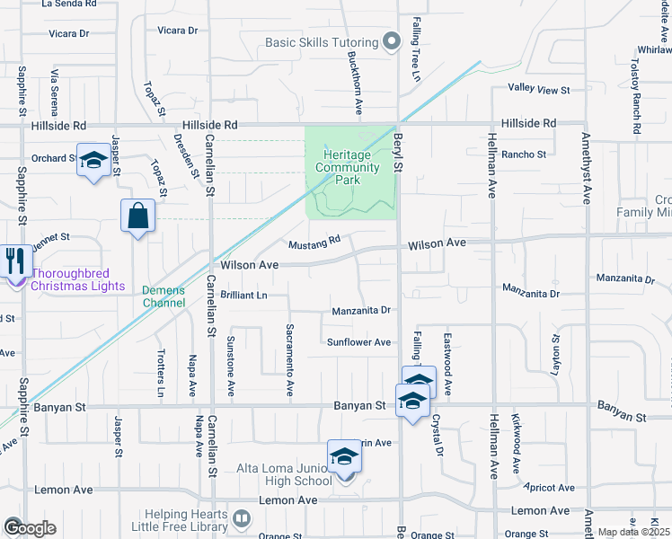 map of restaurants, bars, coffee shops, grocery stores, and more near 8959 Wilson Avenue in Rancho Cucamonga