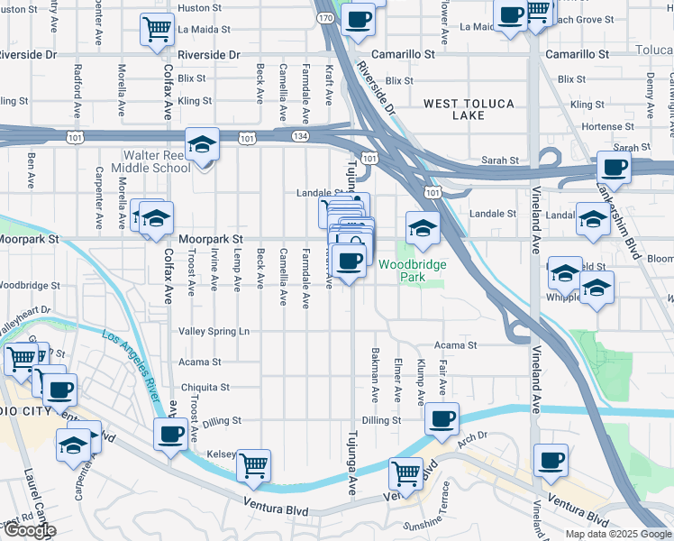 map of restaurants, bars, coffee shops, grocery stores, and more near 4360 Kraft Avenue in Los Angeles