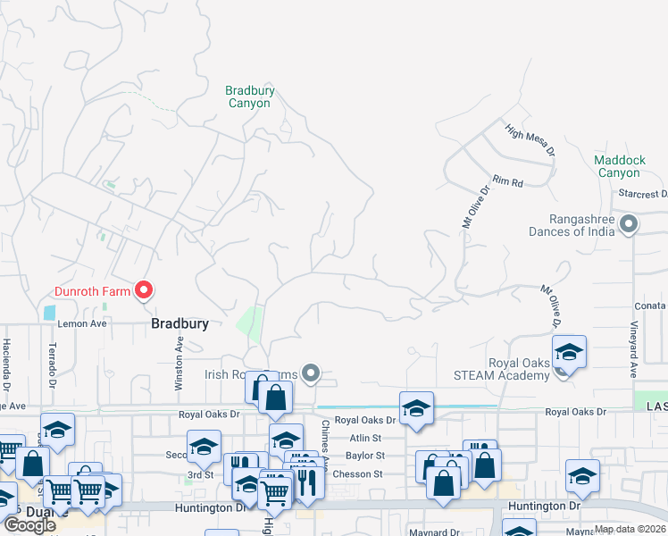 map of restaurants, bars, coffee shops, grocery stores, and more near 25 Woodlyn Lane in Bradbury