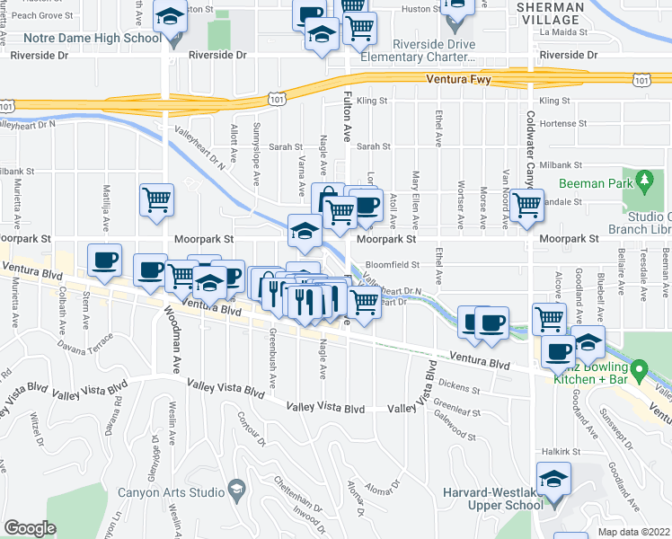 map of restaurants, bars, coffee shops, grocery stores, and more near 13308 Valleyheart Drive in Los Angeles