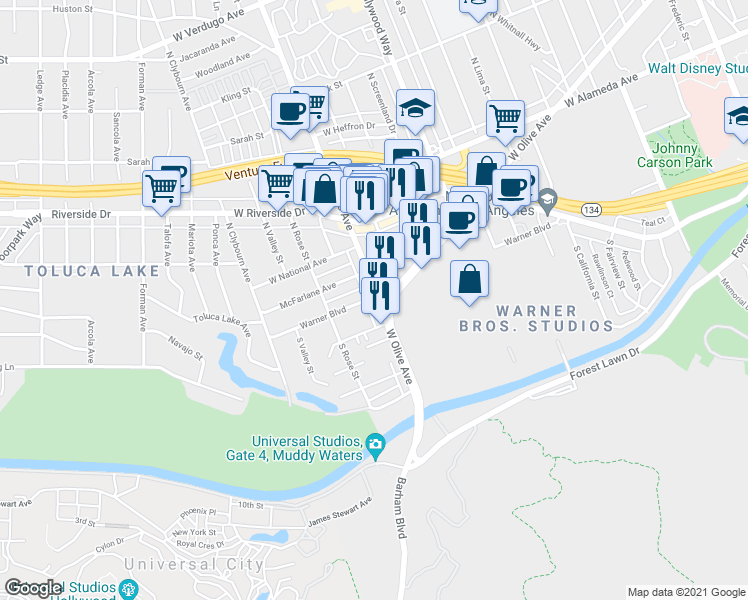 map of restaurants, bars, coffee shops, grocery stores, and more near Warner Boulevard in Burbank