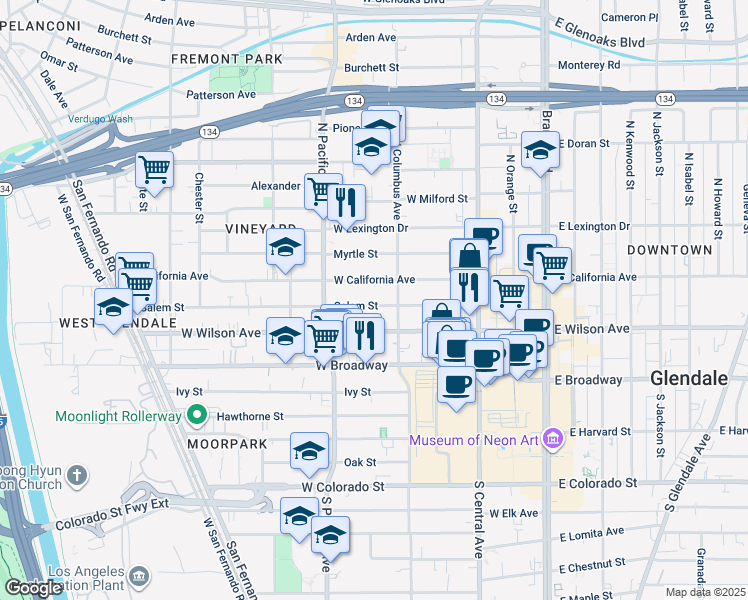 map of restaurants, bars, coffee shops, grocery stores, and more near 421 Salem Street in Glendale