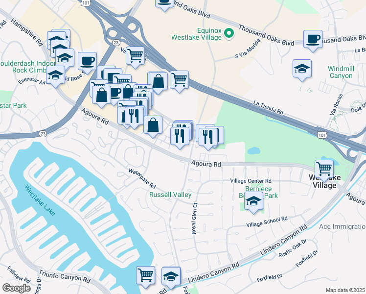 map of restaurants, bars, coffee shops, grocery stores, and more near 4061 Lakeview Canyon Road in Westlake Village