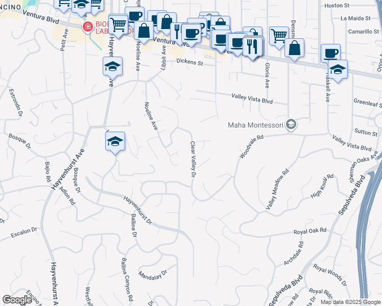 map of restaurants, bars, coffee shops, grocery stores, and more near 4300 Clear Valley Drive in Los Angeles