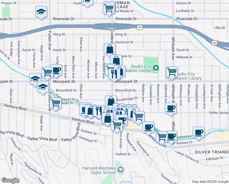 map of restaurants, bars, coffee shops, grocery stores, and more near 4332 Coldwater Canyon Avenue in Los Angeles