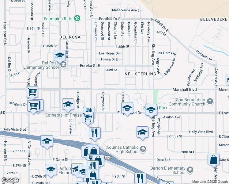 map of restaurants, bars, coffee shops, grocery stores, and more near 5780 Chiquita Lane in San Bernardino